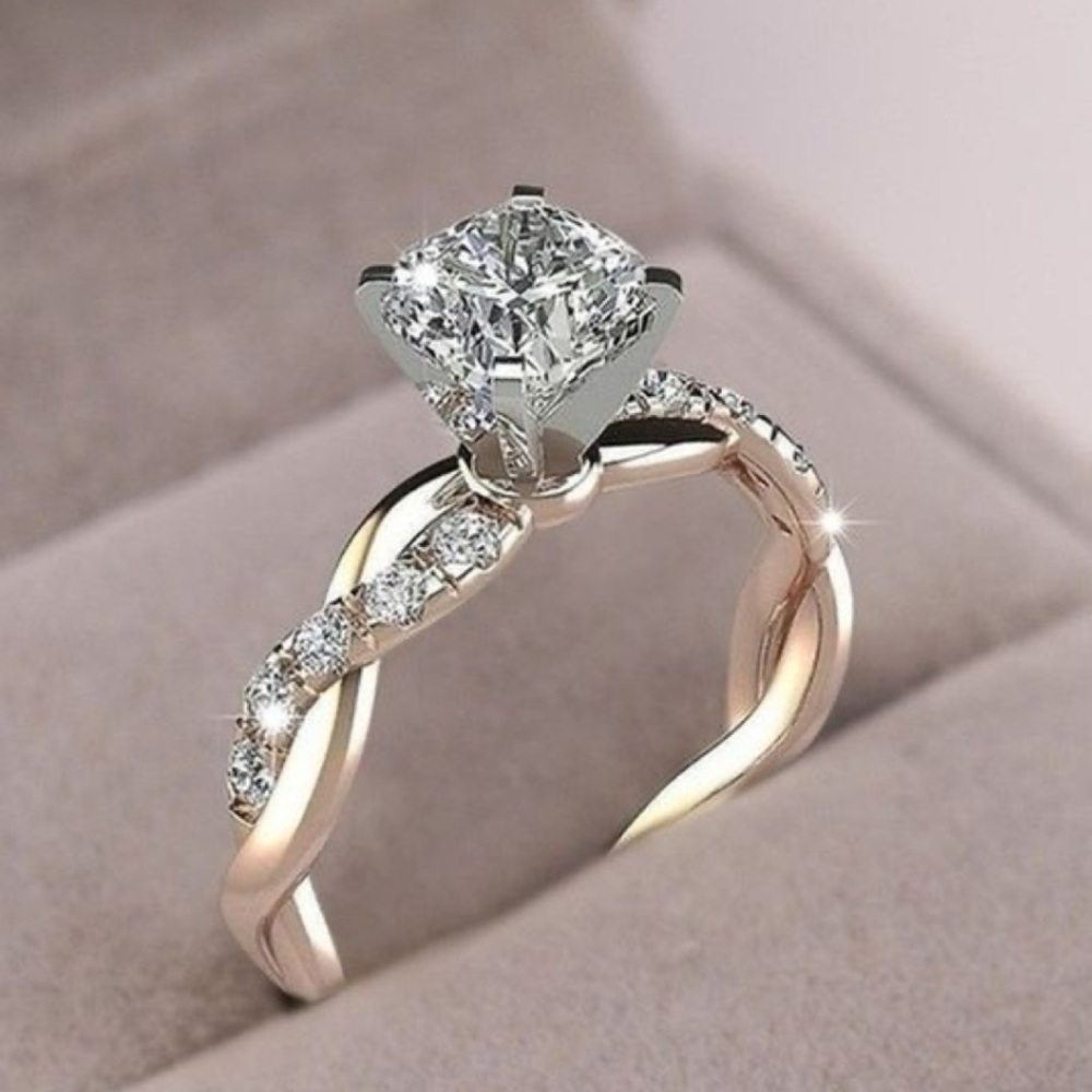 💎New Twisted Pink Gold Diamond Ring S925 Silver  Princess Cut Engagement